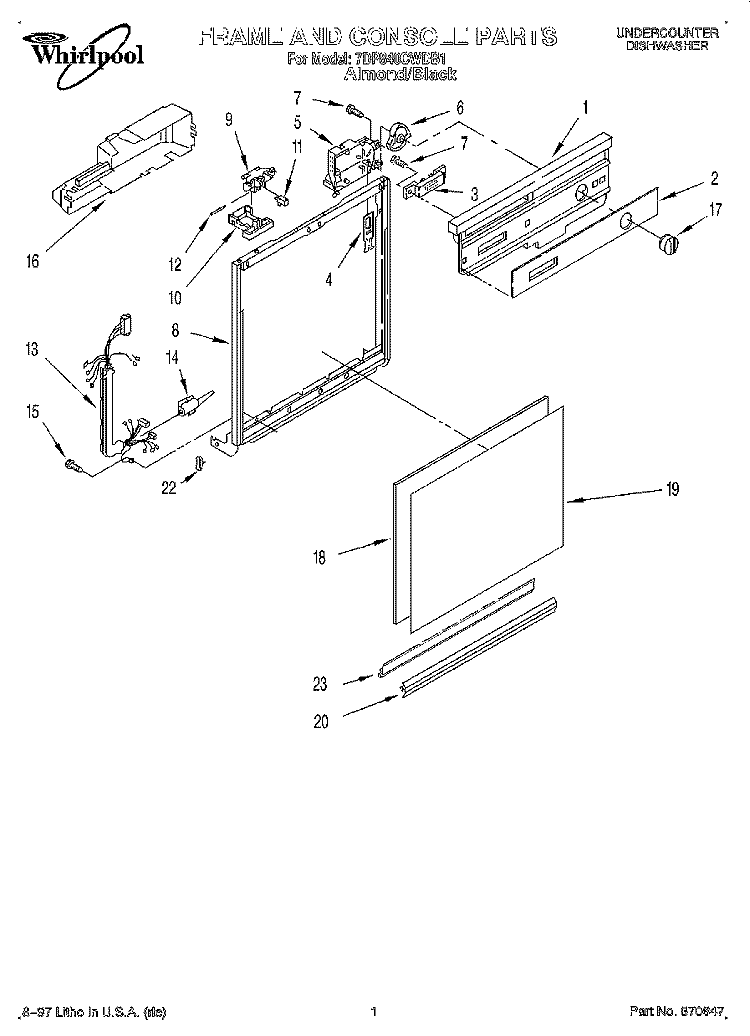 FRAME AND CONSOLE Diagram and Parts List for 7DP840CWDB1  Whirlpool Dishwasher