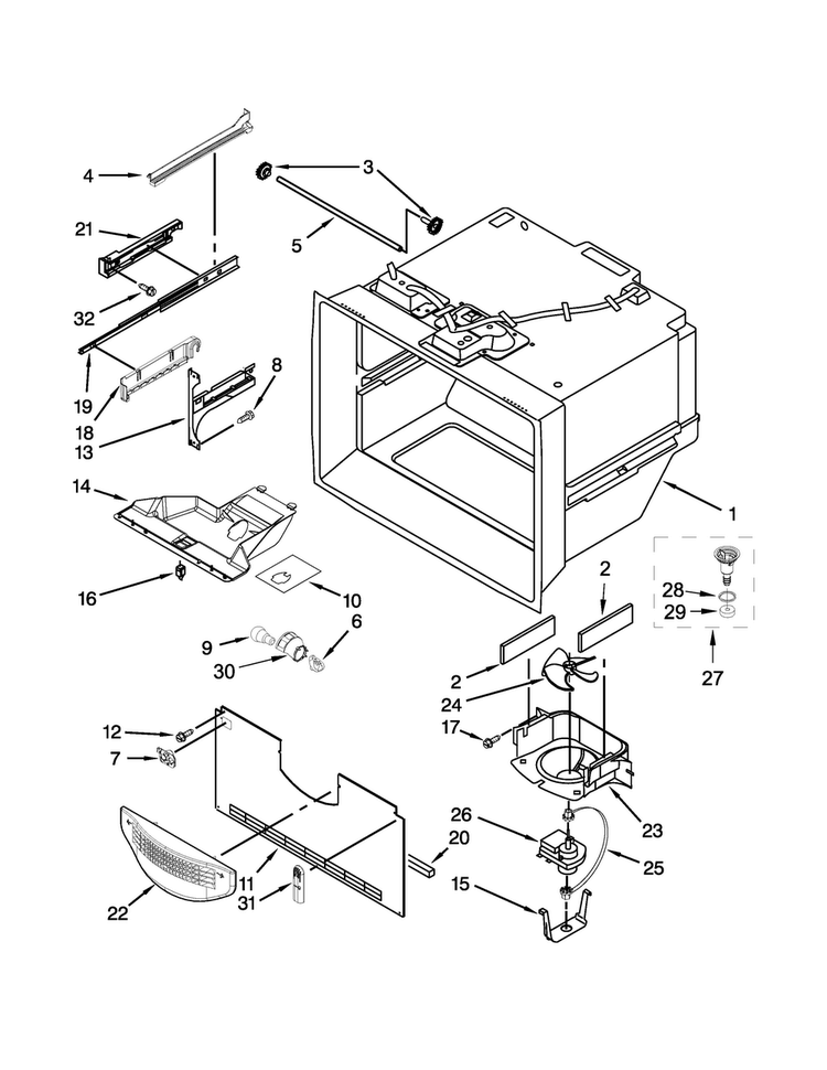 Freezer Liner Parts Diagram and Parts List for 5GFB2558EA00  Whirlpool Refrigerator