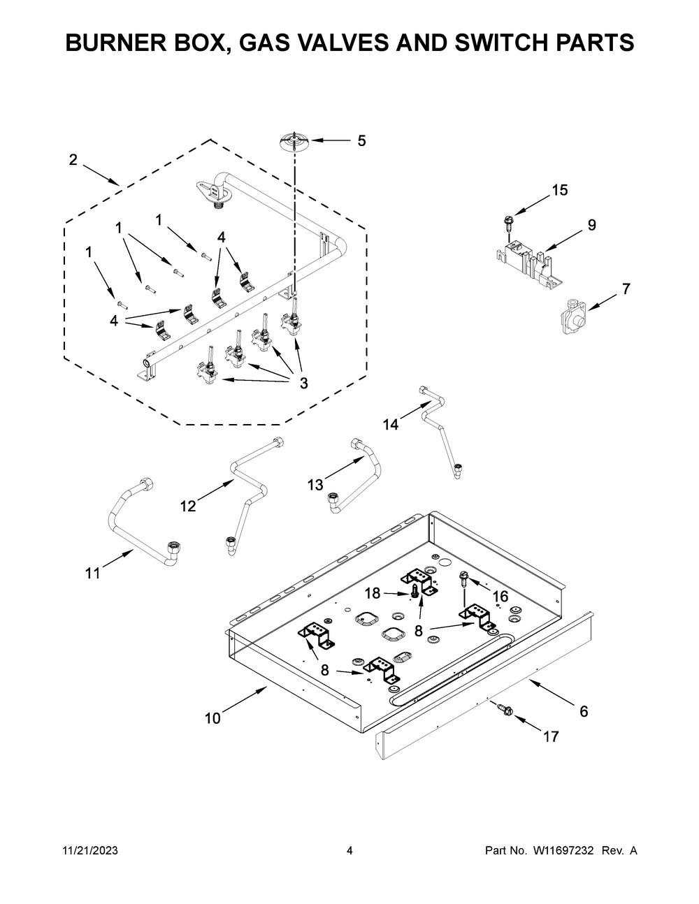 Burner Box, Gas Valves And Switch Parts Diagram and Parts List for WCGK3030PB00  Whirlpool Cooktop