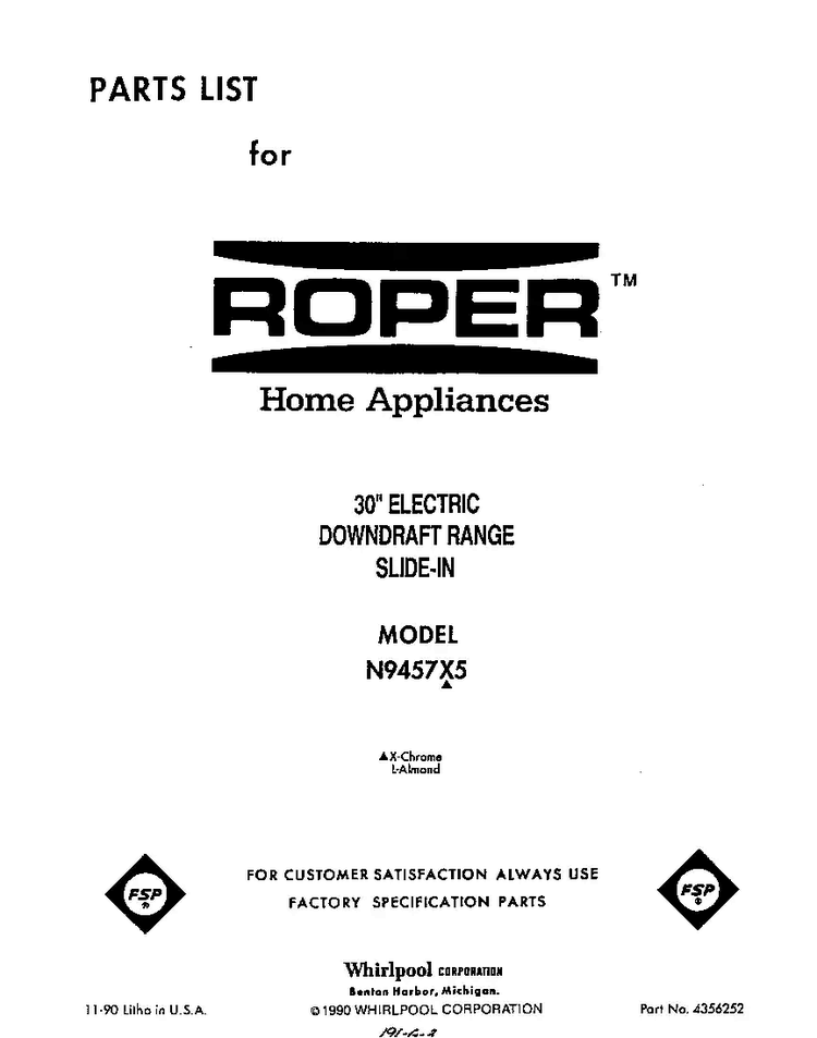 Front Cover Diagram and Parts List for N9457*5  Roper Range