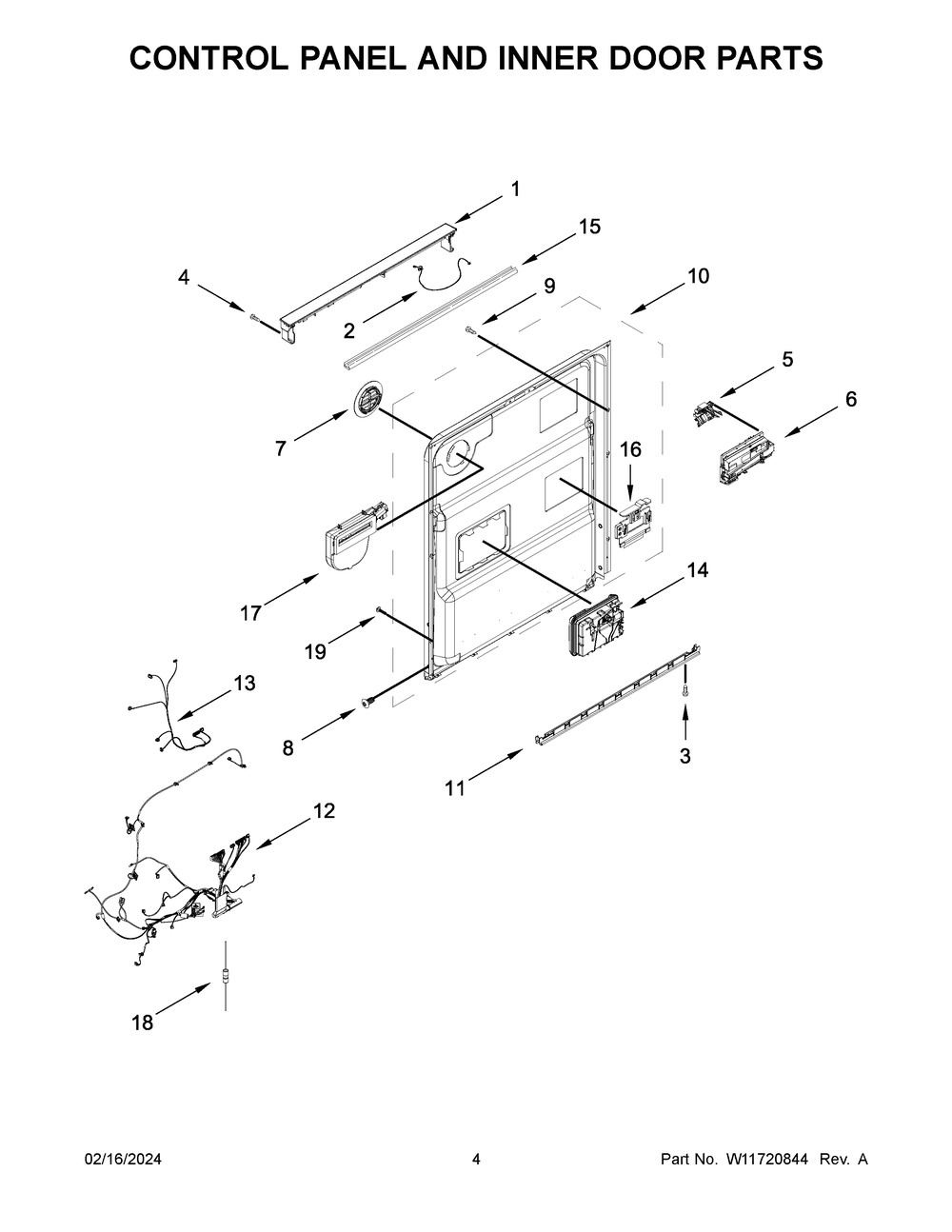 Control Panel And Inner Door Parts Diagram and Parts List for KDFE204KWH3  KitchenAid Dishwasher