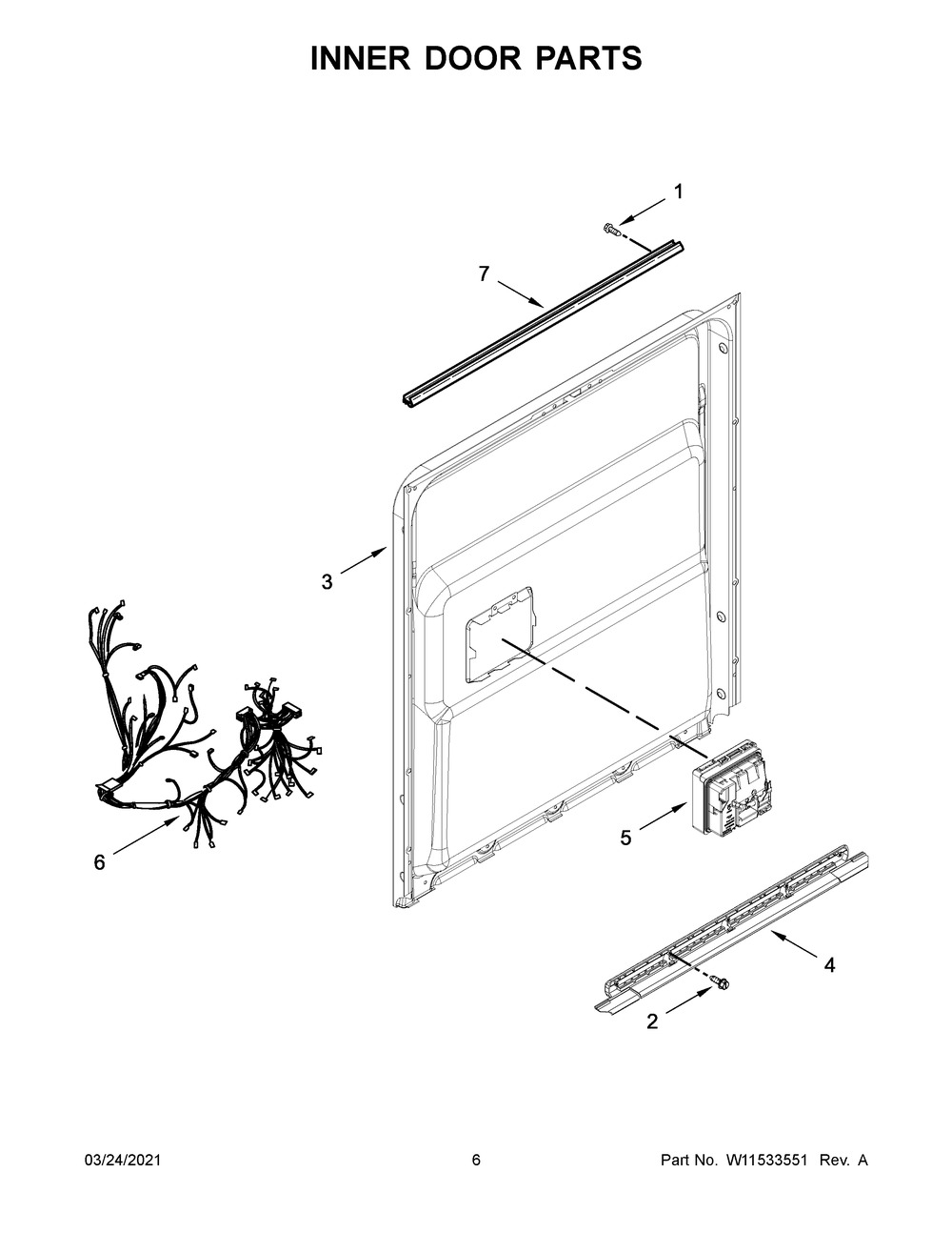 Inner Door Parts Diagram and Parts List for 66514815N613  Whirlpool Dishwasher