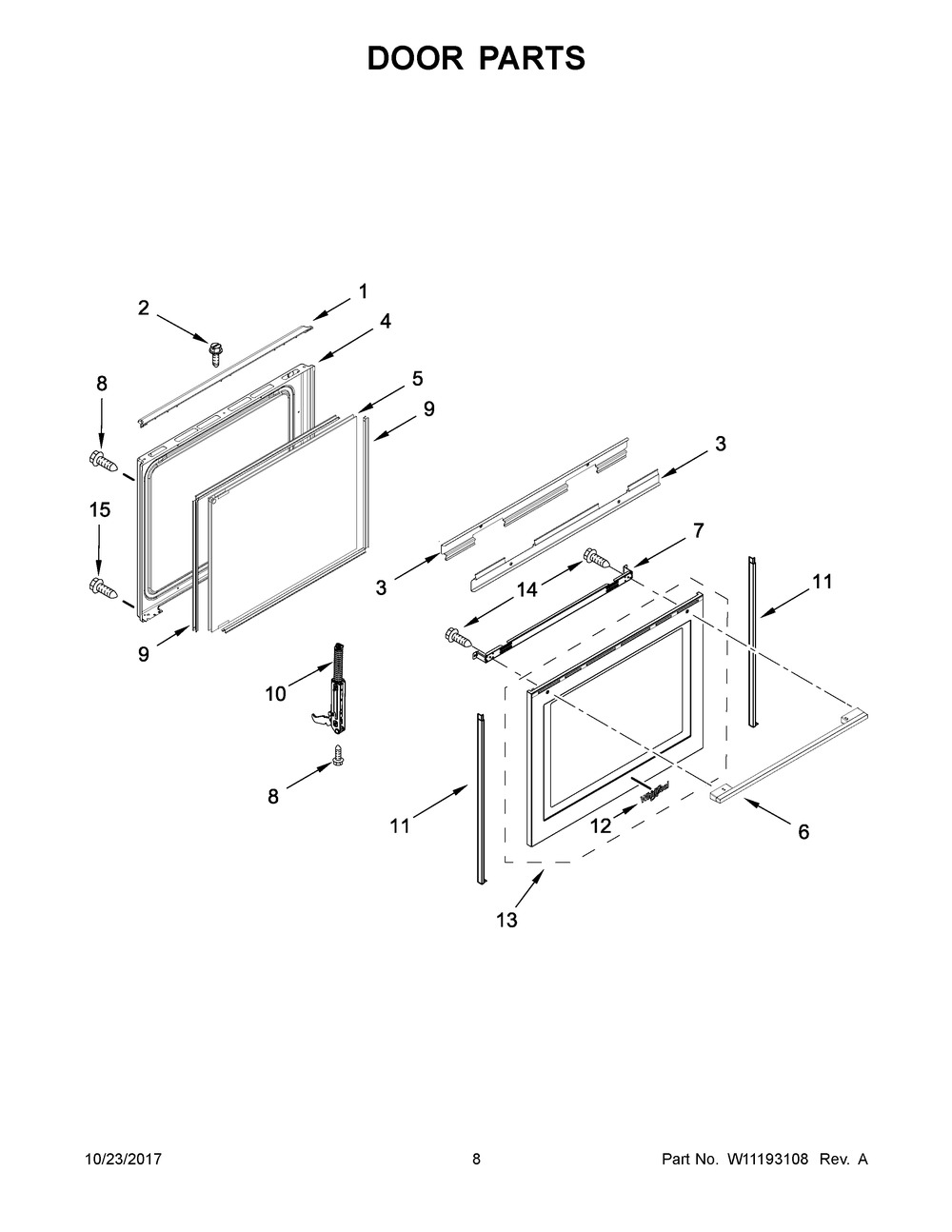 Door Parts Diagram and Parts List for WEGA25H0HZ0  Whirlpool Range