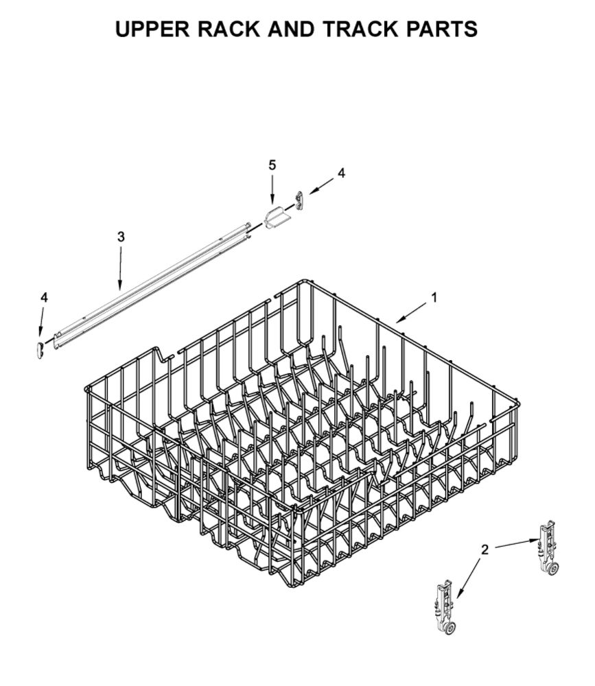 Upper Rack And Track Parts Diagram and Parts List for WDF130PAHB1  Whirlpool Dishwasher