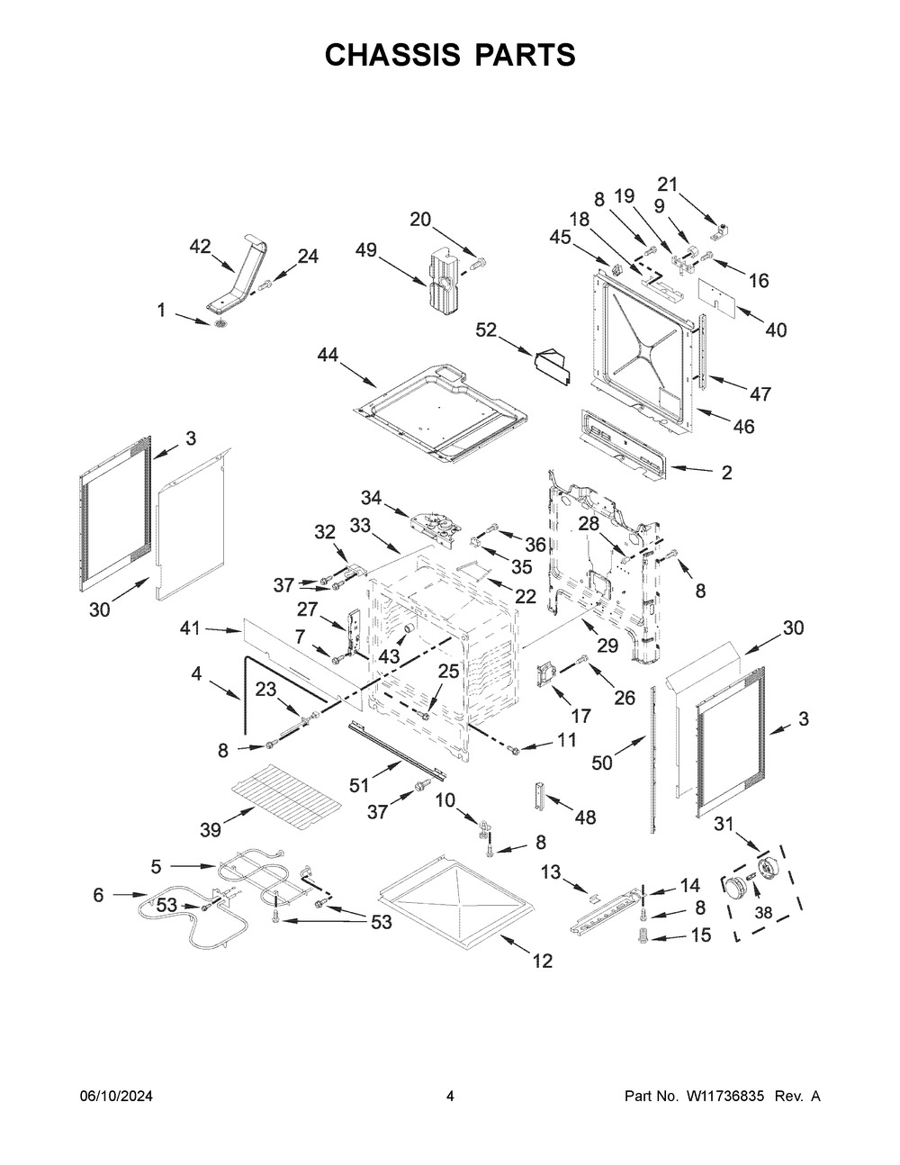 Chassis Parts Diagram and Parts List for WEE515SALS3  Whirlpool Range