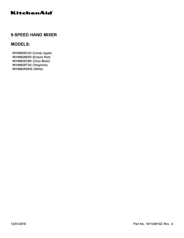 Cover Sheet Diagram and Parts List for 9KHM928WH0  KitchenAid Mixer