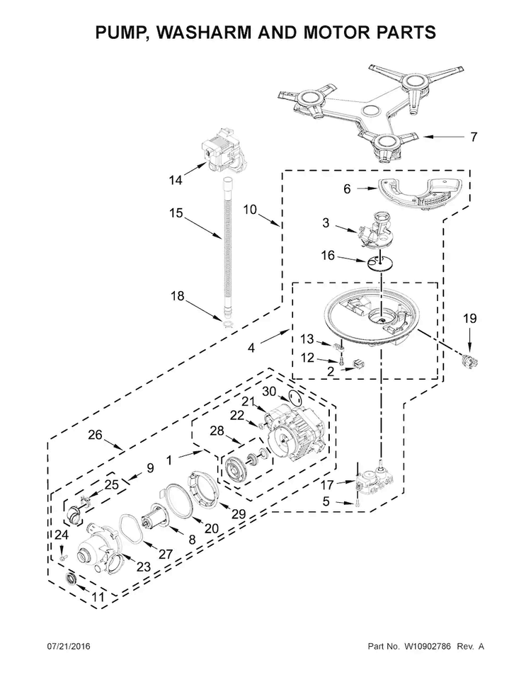 Pump, Washarm And Motor Parts Diagram and Parts List for KDTM404EWH2  KitchenAid Dishwasher