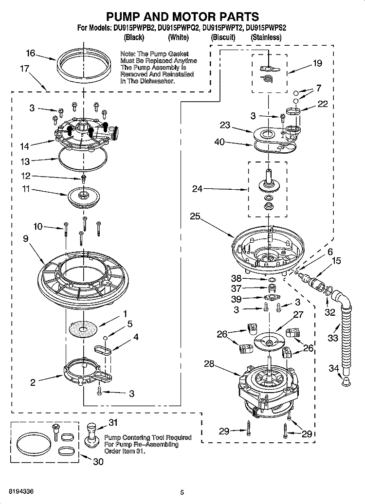 PUMP AND MOTOR PARTS Diagram and Parts List for DU915PWPT2  Whirlpool Dishwasher