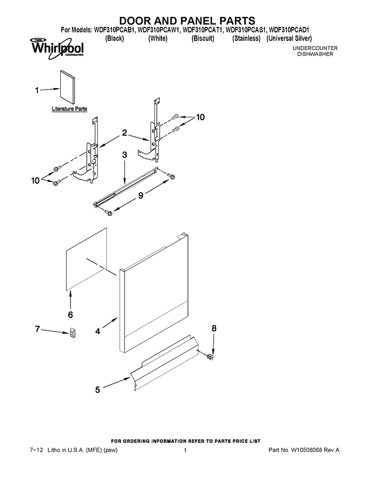 DOOR AND PANEL PARTS Diagram and Parts List for WDF310PCAW1  Whirlpool Dishwasher