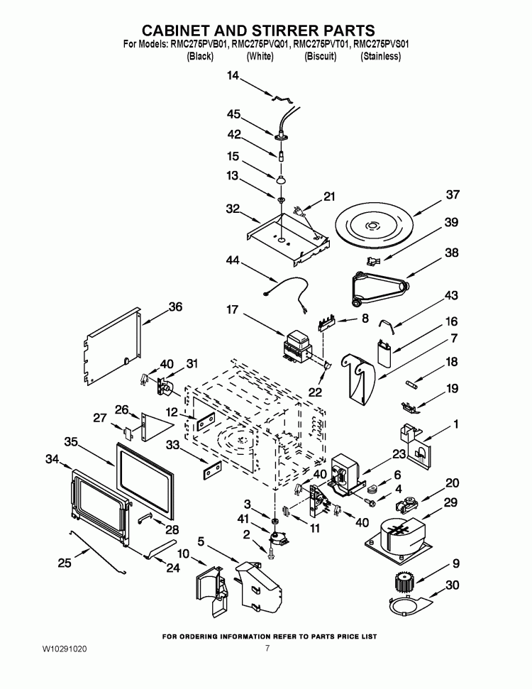 CABINET AND STIRRER PARTS Diagram and Parts List for RMC275PVB01  Whirlpool Microwave Oven Combo