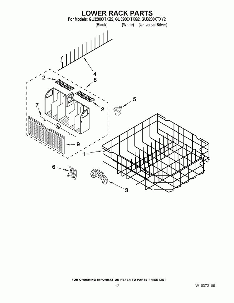 LOWER RACK PARTS Diagram and Parts List for GU3200XTXB2  Whirlpool Dishwasher