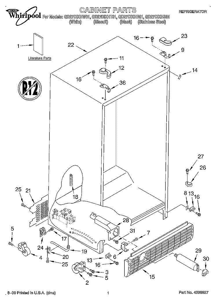 CABINET, LITERATURE Diagram and Parts List for GD27DIXHW01  Whirlpool Refrigerator