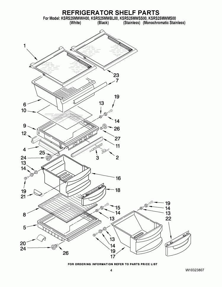 REFRIGERATOR SHELF PARTS Diagram and Parts List for KSRS25MWWH00  KitchenAid Refrigerator