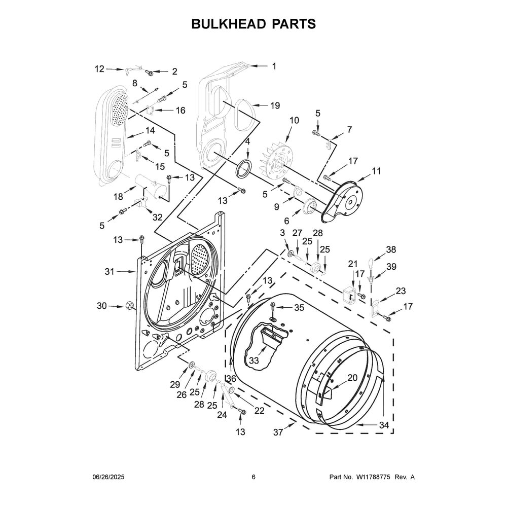 Bulkhead Parts Diagram and Parts List for WGD4105SW0  Whirlpool Dryer