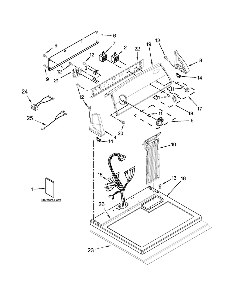 Top And Console Parts Diagram and Parts List for 7MWGD1601AW2  Whirlpool Dryer