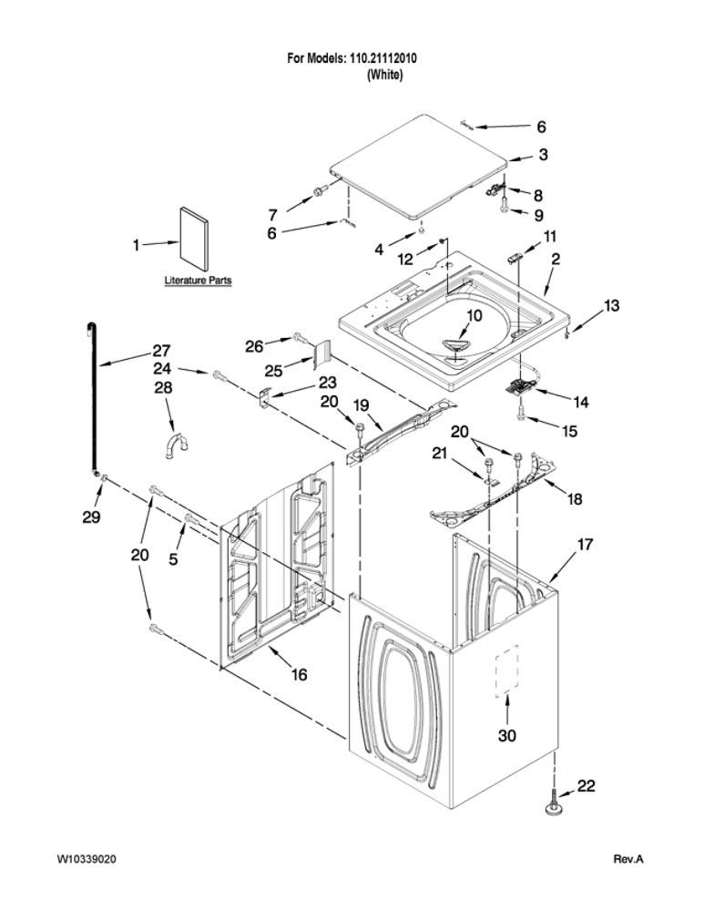 Top And Cabinet Parts Diagram and Parts List for 11021112010  Kenmore Washer