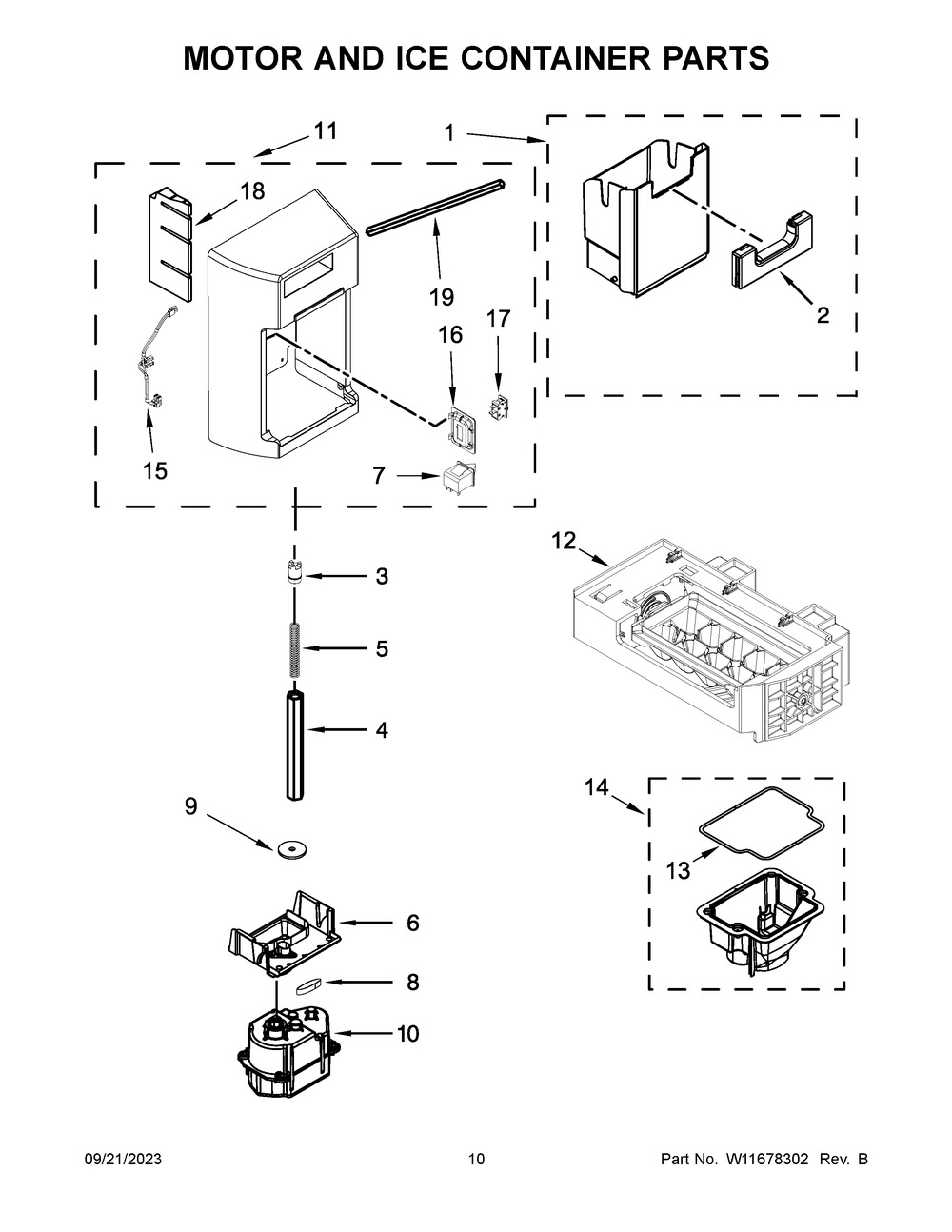Motor And Ice Container Parts Diagram and Parts List for WRS588FIHV06  Whirlpool Refrigerator