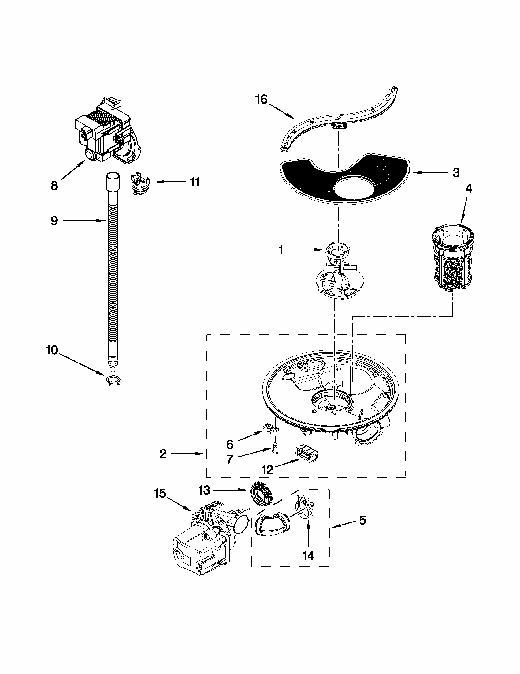 Pump, Washarm And Motor Parts Diagram and Parts List for 66515119K214  Kenmore Dishwasher