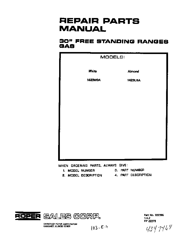 Cover Page-text Only Diagram and Parts List for 1423*0A  Roper Range
