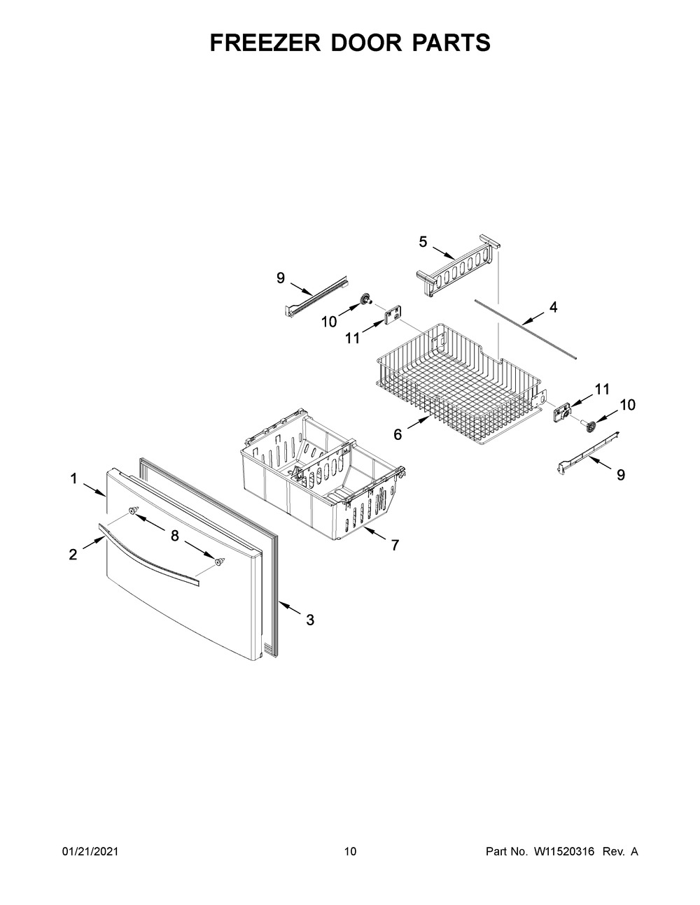 Freezer Door Parts Diagram and Parts List for WRF555SDFZ12  Whirlpool Refrigerator
