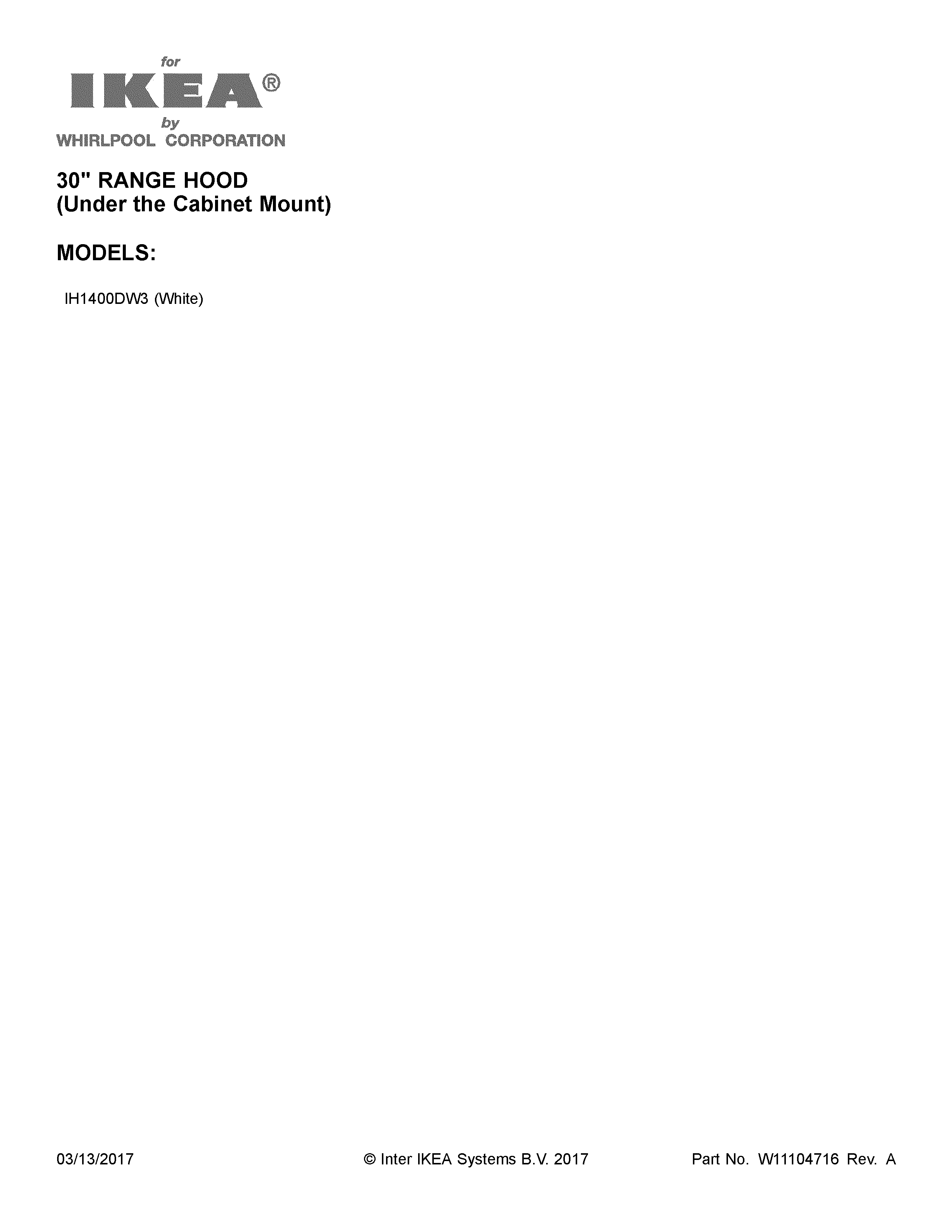 Cover Sheet Diagram and Parts List for IH1400DW3  Whirlpool Range Hood