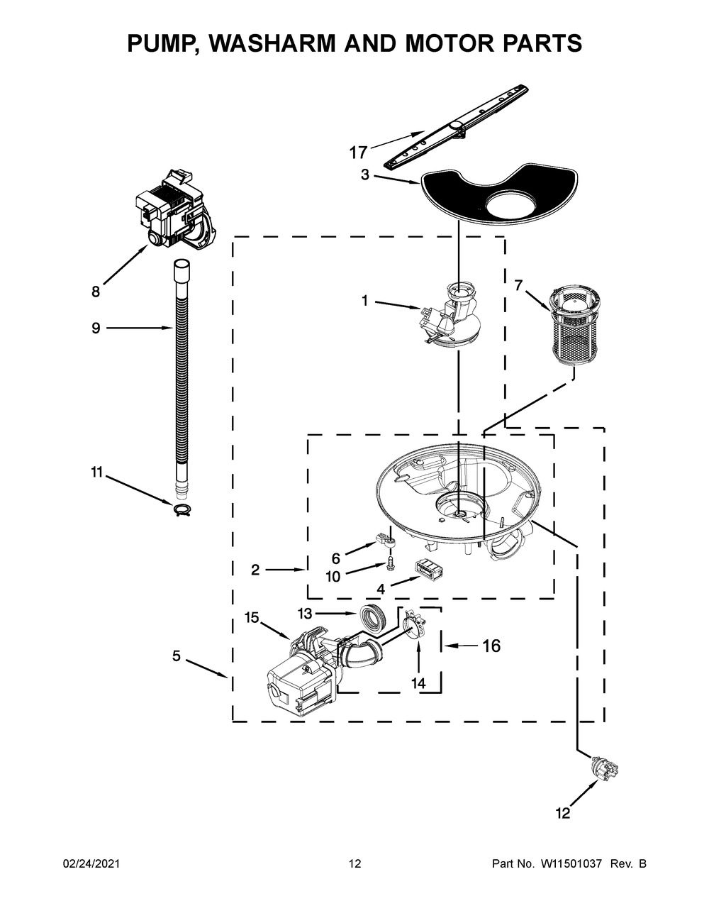 Pump, Washarm And Motor Parts Diagram and Parts List for WDF520PADB8  Whirlpool Dishwasher