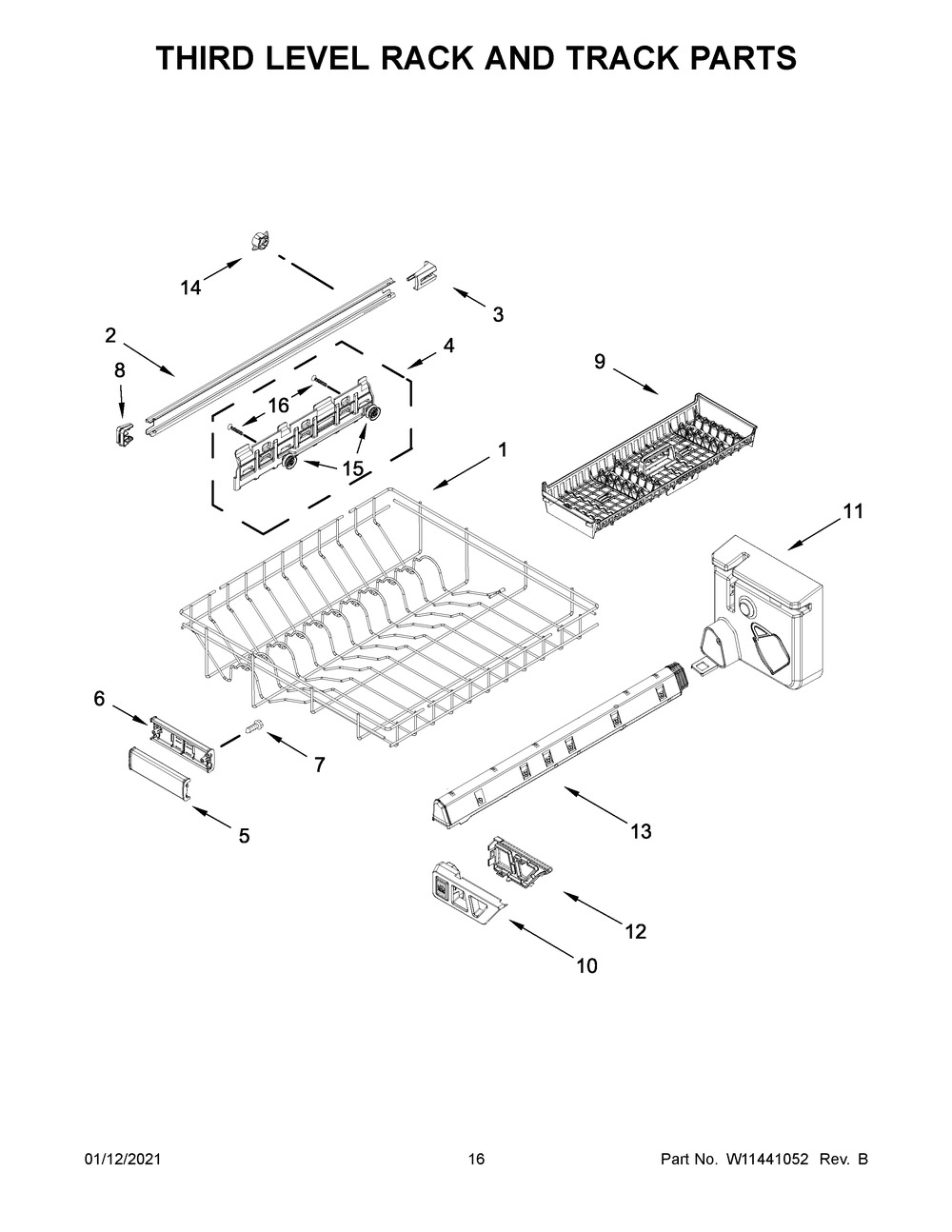 Third Level Rack And Track Parts Diagram and Parts List for MDB9959SKZ0  Whirlpool Dishwasher
