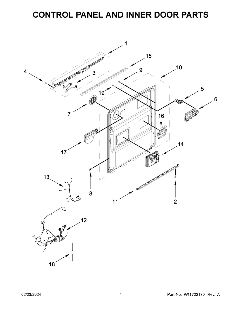 Control Panel And Inner Door Parts Diagram and Parts List for KDTM404KPS3  KitchenAid Dishwasher