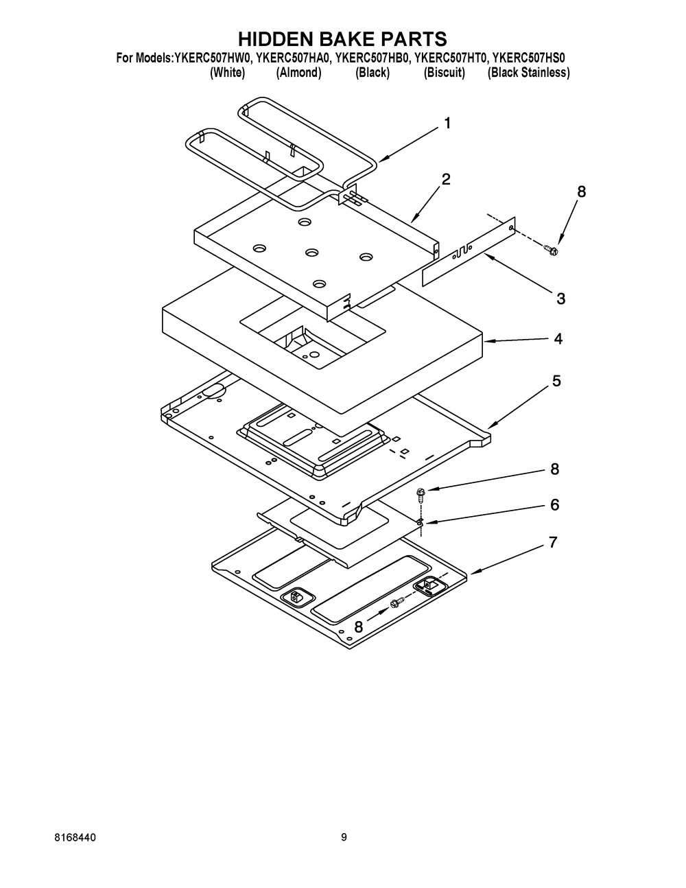 Hidden Bake Parts Diagram and Parts List for YKERC507HA0  Whirlpool Range