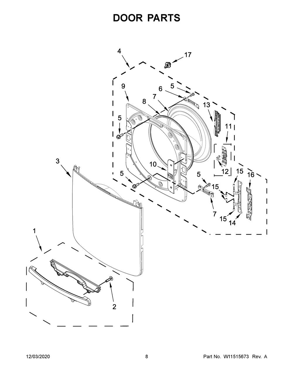 Door Parts Diagram and Parts List for YMED8630HC2  Whirlpool Dryer