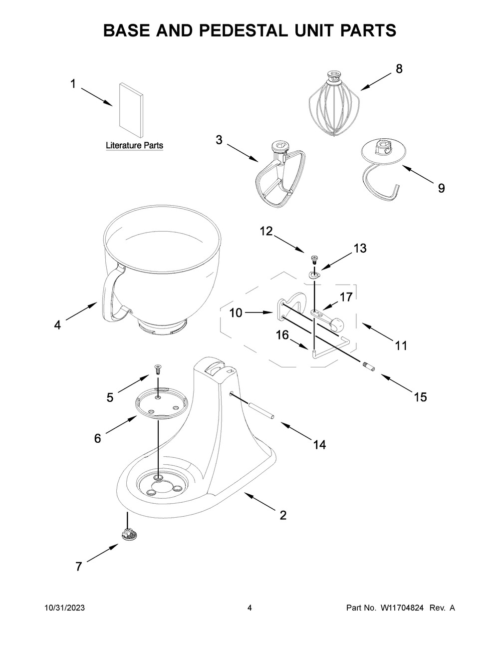 Base And Pedestal Unit Parts Diagram and Parts List for 9KSM95ER5  KitchenAid Mixer