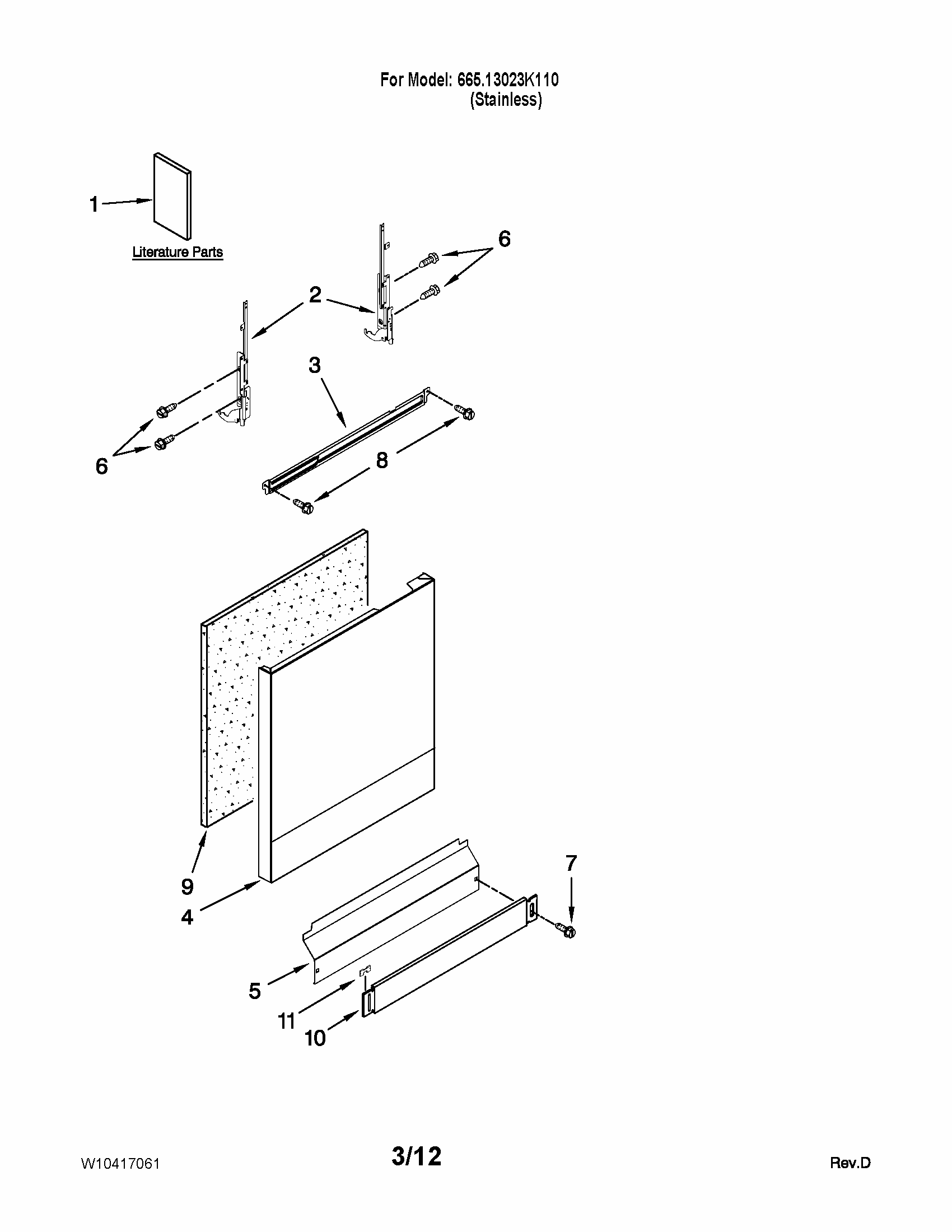 Door And Panel Parts Diagram and Parts List for 66513023K110  Kenmore Dishwasher