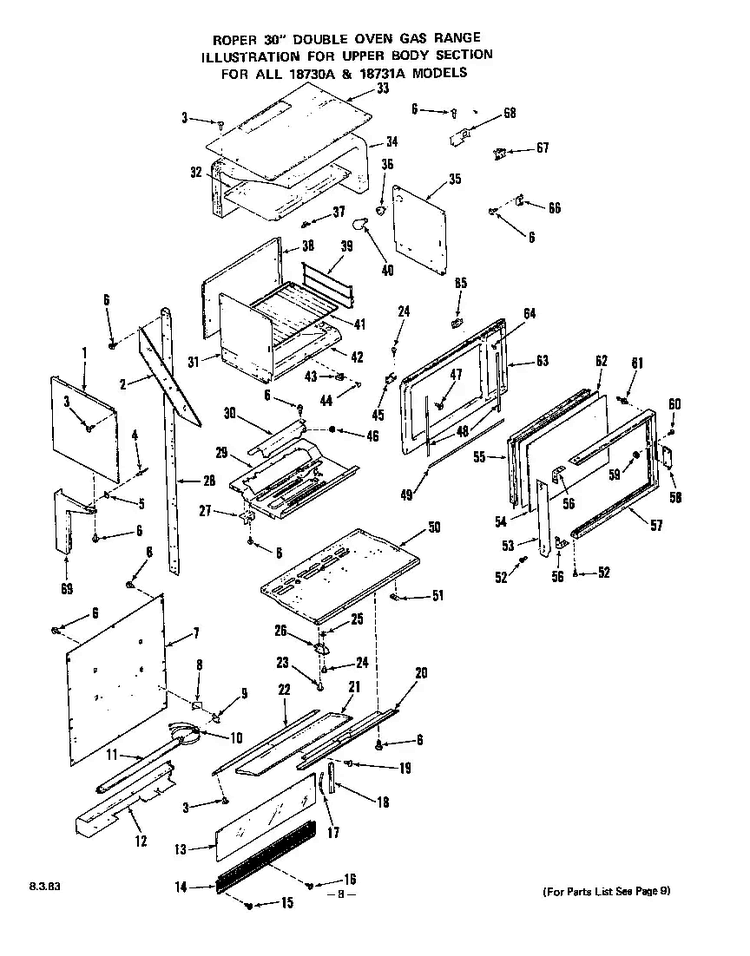 Upper Door Diagram and Parts List for 1873*1A  Roper Wall Oven