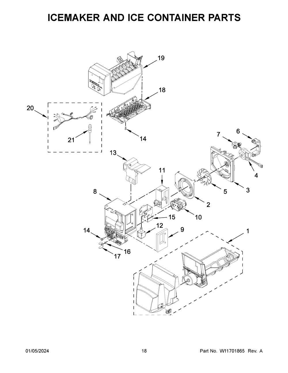 Icemaker And Ice Container Parts Diagram and Parts List for WRF555SDHW09  Whirlpool Refrigerator