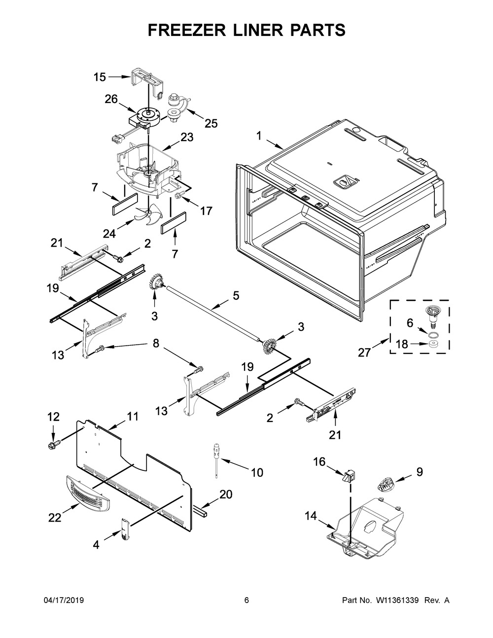 Freezer Liner Parts Diagram and Parts List for WRF555SDHV02  Whirlpool Refrigerator
