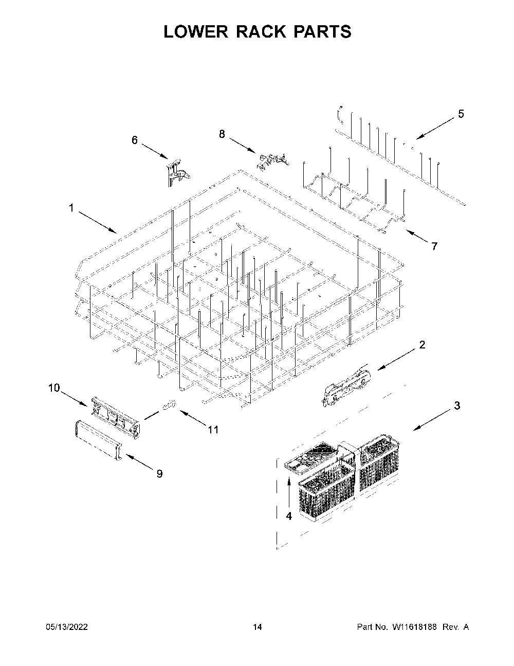 Lower Rack Parts Diagram and Parts List for KDPM604KPS1  KitchenAid Dishwasher