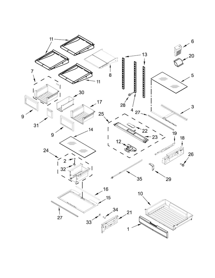 Shelf Parts Diagram and Parts List for WRF736SDAM11  Whirlpool Refrigerator