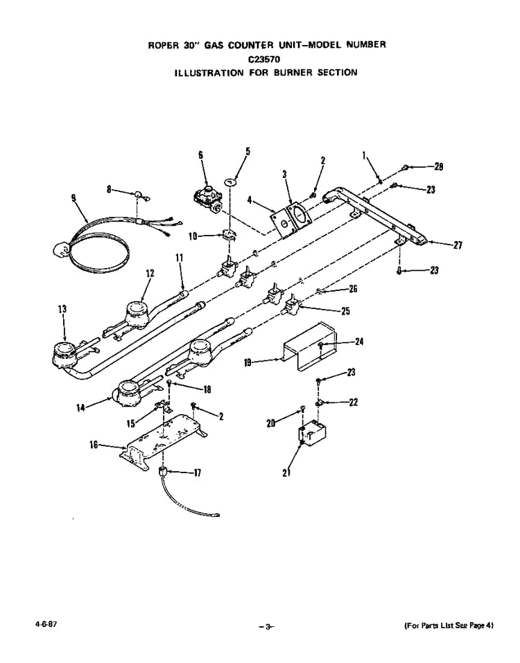 Burners Diagram and Parts List for C2357*0  Roper Cooktop