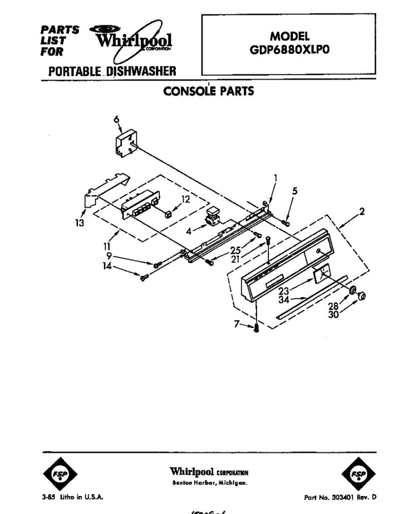 Console Diagram and Parts List for GDP6880XLP0  Whirlpool Dishwasher
