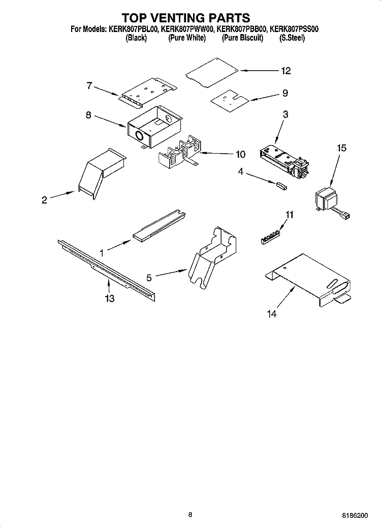 TOP VENTING PARTS, OPTIONAL PARTS Diagram and Parts List for KERK807PBB00  KitchenAid Range