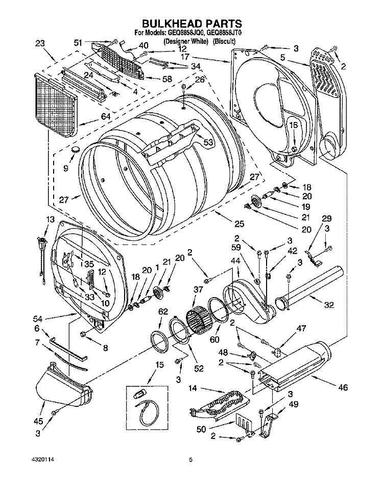 BULKHEAD PARTS Diagram and Parts List for GEQ8858JT0  Whirlpool Dryer