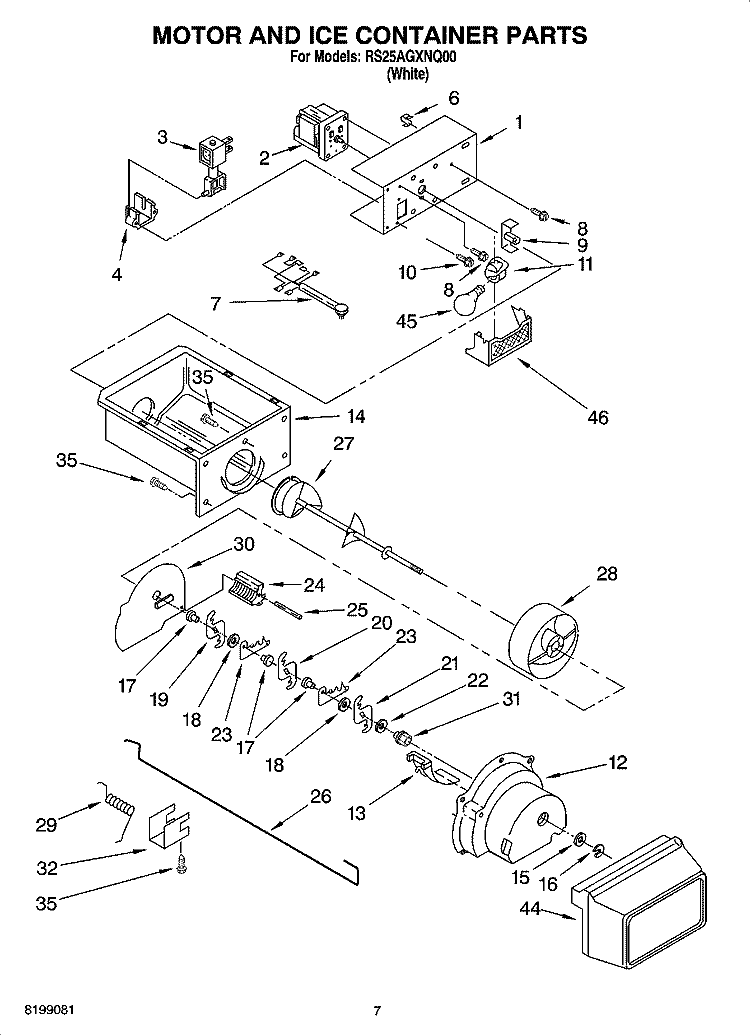 MOTOR AND ICE CONTAINER PARTS Diagram and Parts List for RS25AGXNQ00  Roper Refrigerator
