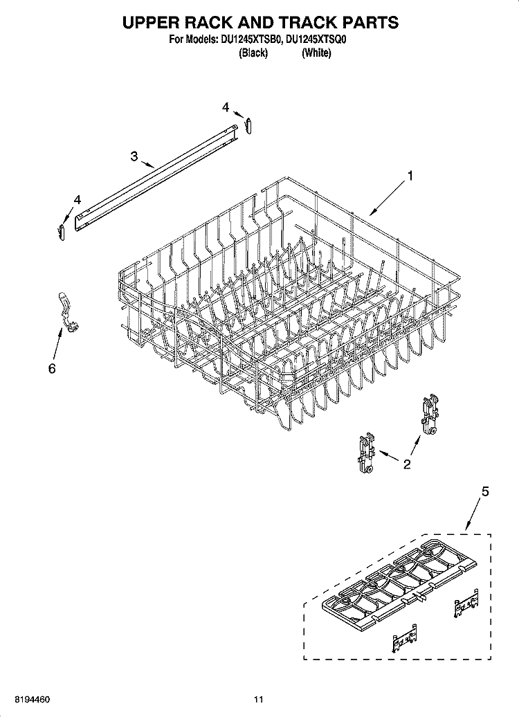 UPPER RACK AND TRACK PARTS Diagram and Parts List for DU1245XTSQ0  Whirlpool Dishwasher