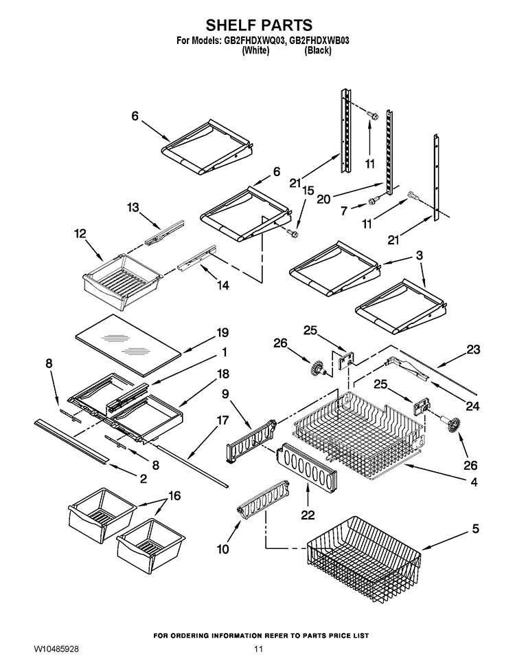 SHELF PARTS Diagram and Parts List for GB2FHDXWB03  Whirlpool Refrigerator