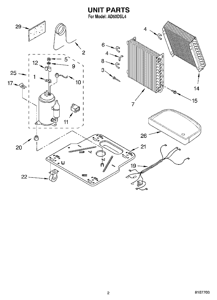 UNIT PARTS Diagram and Parts List for AD50DSL4  Whirlpool Dehumidifier