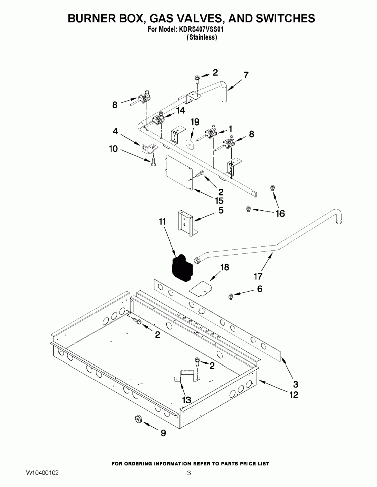 BURNER BOX, GAS VALVES, AND SWITCHES Diagram and Parts List for KDRS407VSS01  KitchenAid Range