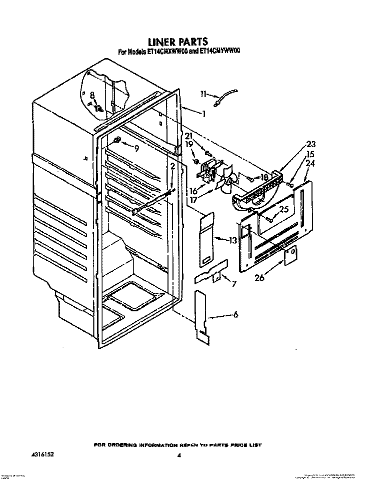LINER Diagram and Parts List for ET14CMXWW00  Whirlpool Refrigerator