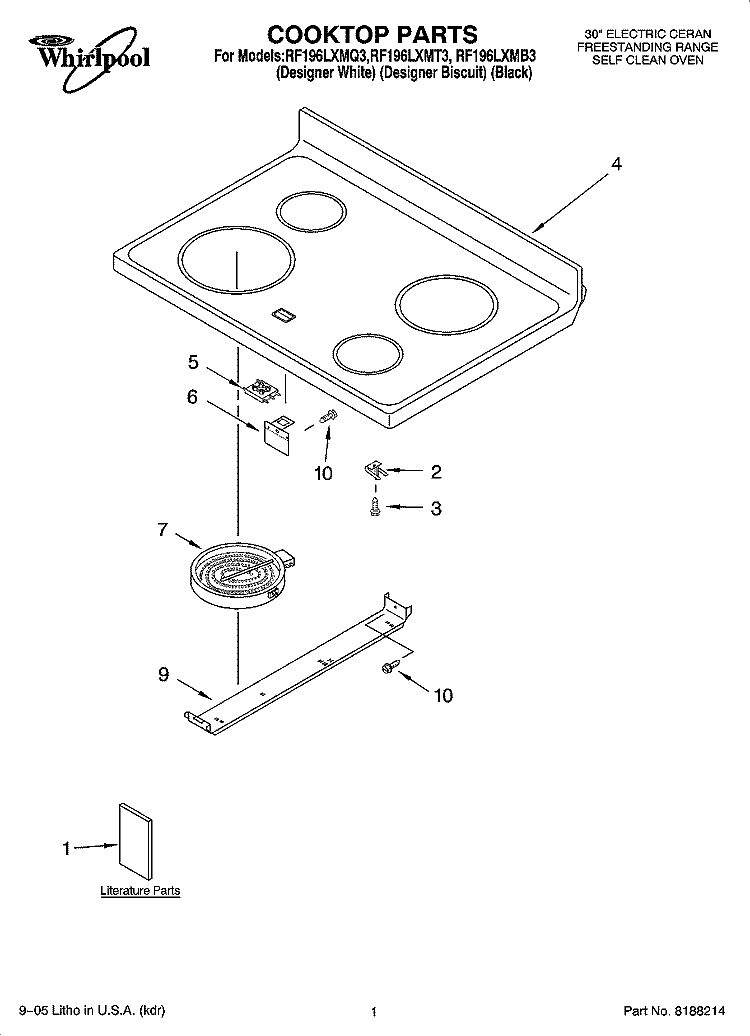 COOKTOP PARTS Diagram and Parts List for RF196LXMB3  Whirlpool Range