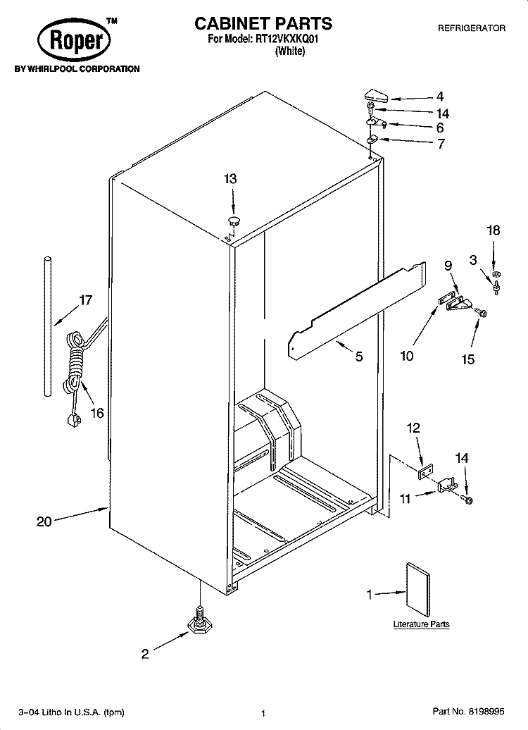 CABINET PARTS Diagram and Parts List for RT12VKXKQ01  Roper Refrigerator