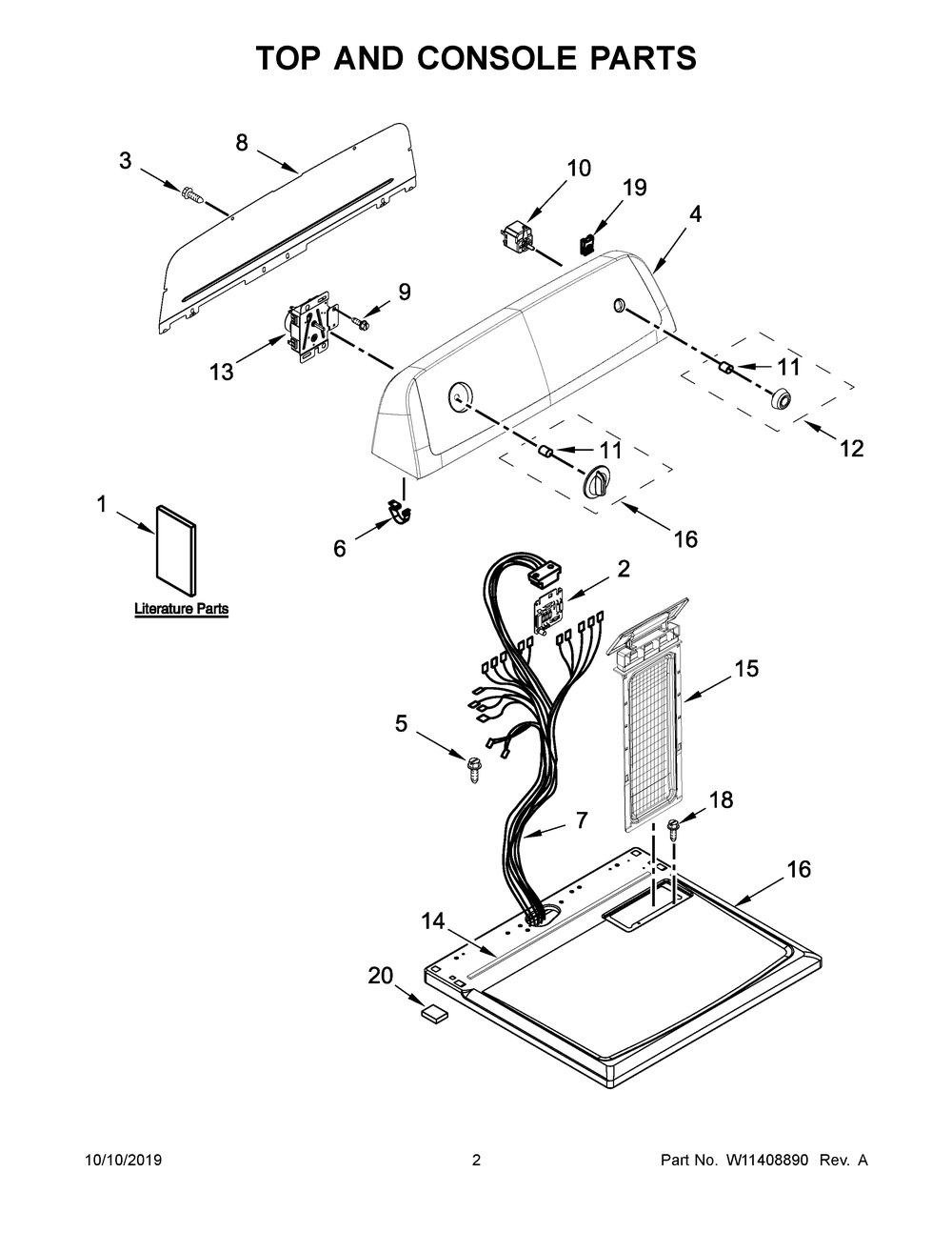 Top And Console Parts Diagram and Parts List for 4KWED5600JW0  Whirlpool Dryer